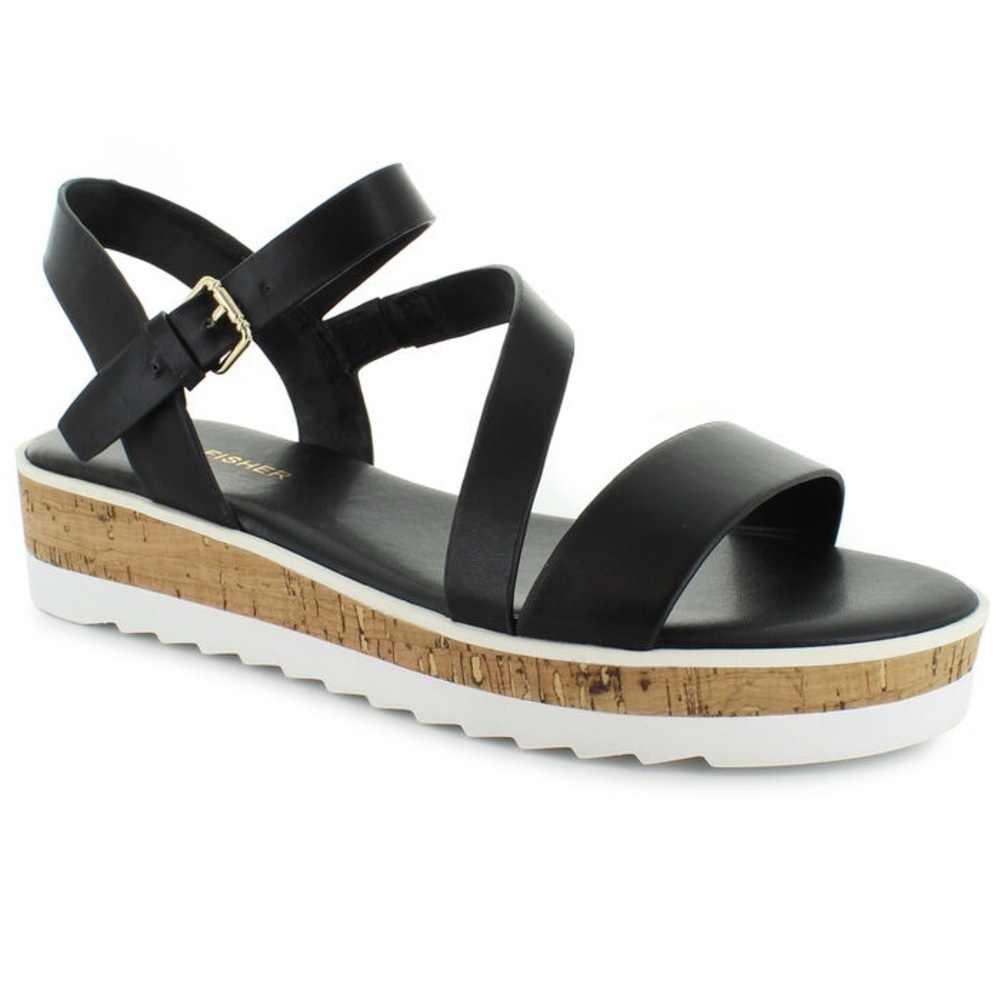 Marc Fisher Grandie Black Faux Leather Wedge Sandals Shoes Womens Size 9.5